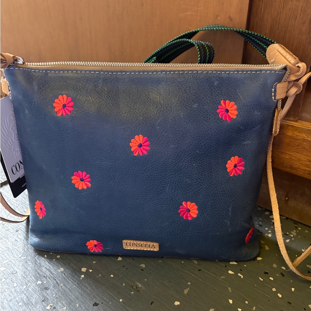 Consuela Blue leather downtown crossbody with embroidered flowers